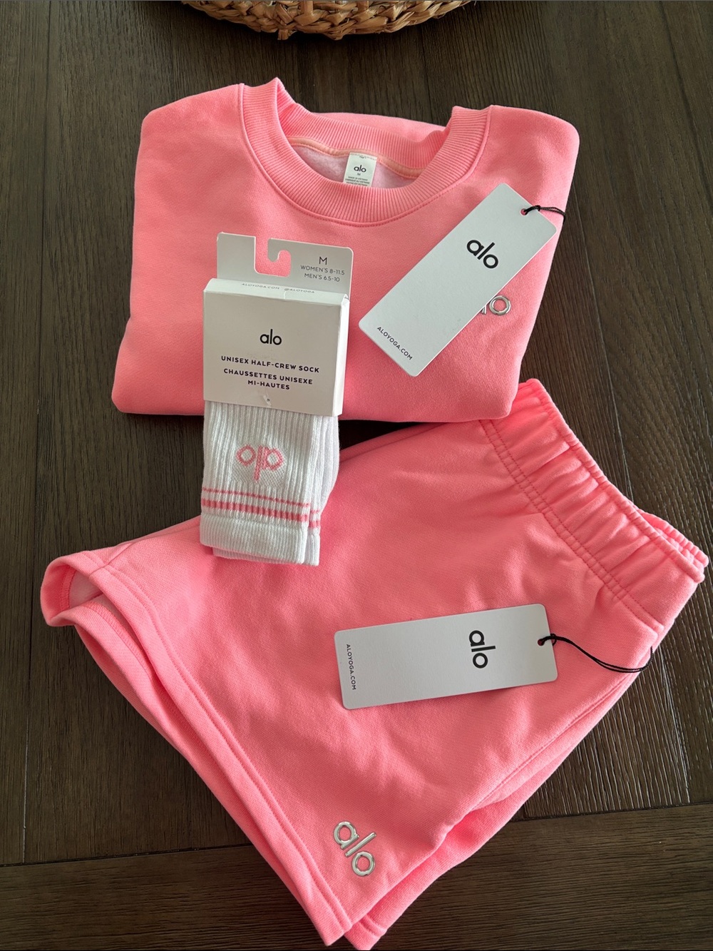 Alo Yoga Neon Bubblegum Accolade Sweatshirt, Shorts and Socks NWT